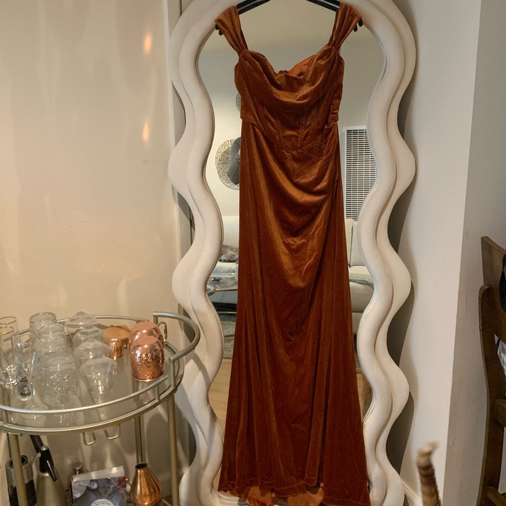 Rust Orange , Velvet Off the Shoulder Bridesmaid Dress Size L
